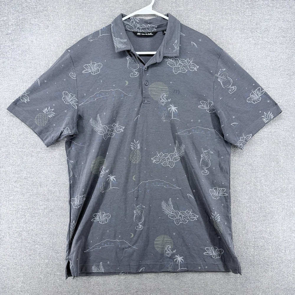 Travis Mathew Polo Shirt Men Size Large Hawaiian Gray Short Sleeve Stretch